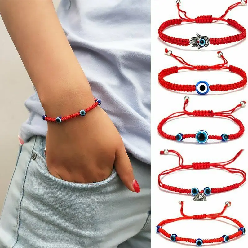 Wholesale Acrylic Blue Eye Turkish Eye Bracelet for Women 2021 Fashion Jewelry Adjustable Red Rope Lucky Bracelet Set