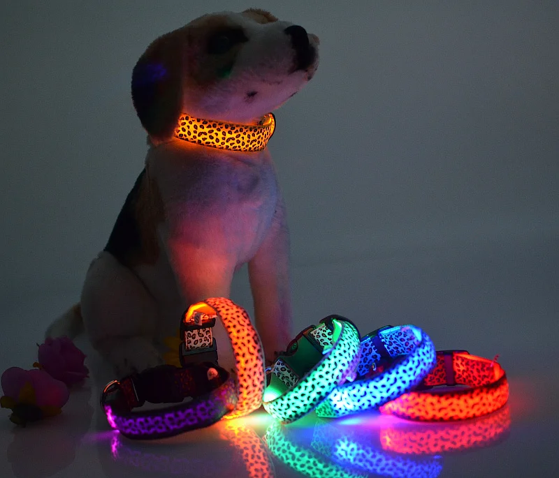 

Amazon Hot Sale Keep Your Dog Safe Glow Dog Collar LED Nylon Dog Necklace Luminous Leopard Collar
