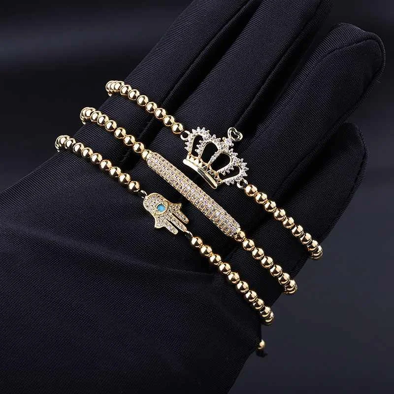 

High Quality Stainless Steel Beads 18K Gold Plating CZ Pave Hamsa Crown Charm Beaded Braided Macrame Bracelet Male Female