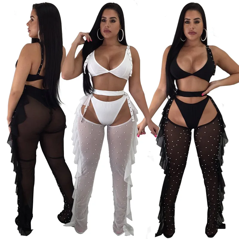

Women Club Wear 2021women Plus Size Sexy Solid Color Mesh Ruffles Hem Beading 3 Piece Set Bra And Panty Sets Clothes Women