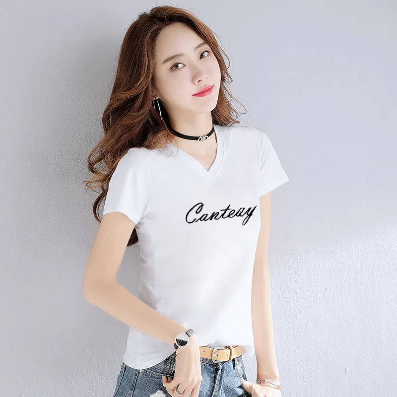 

2021 Latest Design Summer Casual Solid Color Loose Slim V-Neck Plus Size Short-Sleeved Sport Wear Clothes Women Trendy T-Shirt