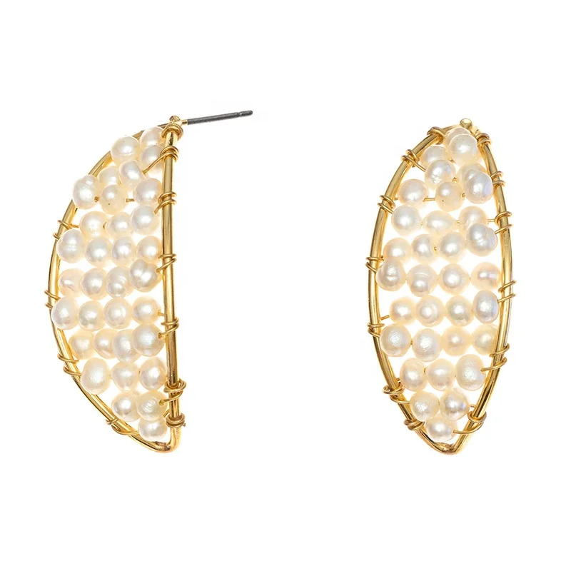 

European and American fashion temperament wild street style earrings female real gold plated hand-woven pearl earrings