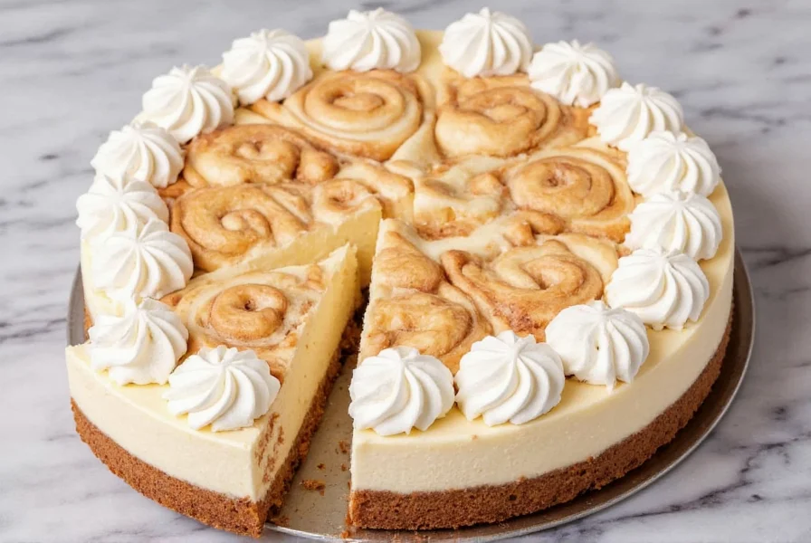 Step-by-step process showing swirling technique for cinnamon roll cheesecake with wooden skewer creating marbled pattern