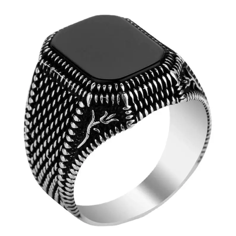

Turkish Jewelry Black Ring Men Light-weight 6g Real 925 Sterling Silver Mens Rings Natural Agate Stone Vintage Cool Fashion