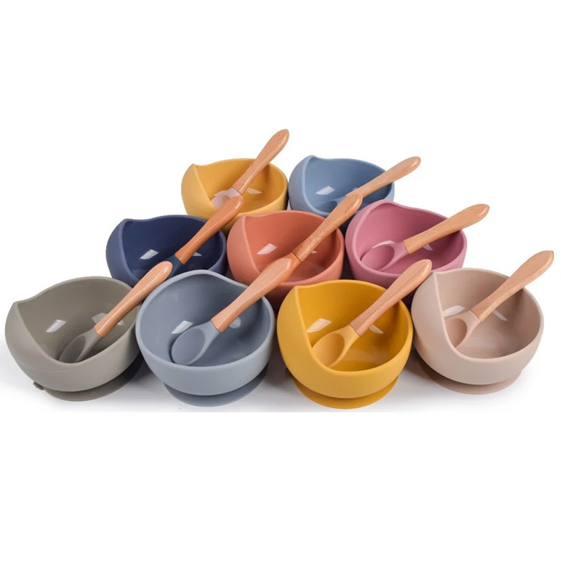 

Food Grade Silicone Suction Feeding Set, Silicone Baby Bowl With Wood Handle Spoon