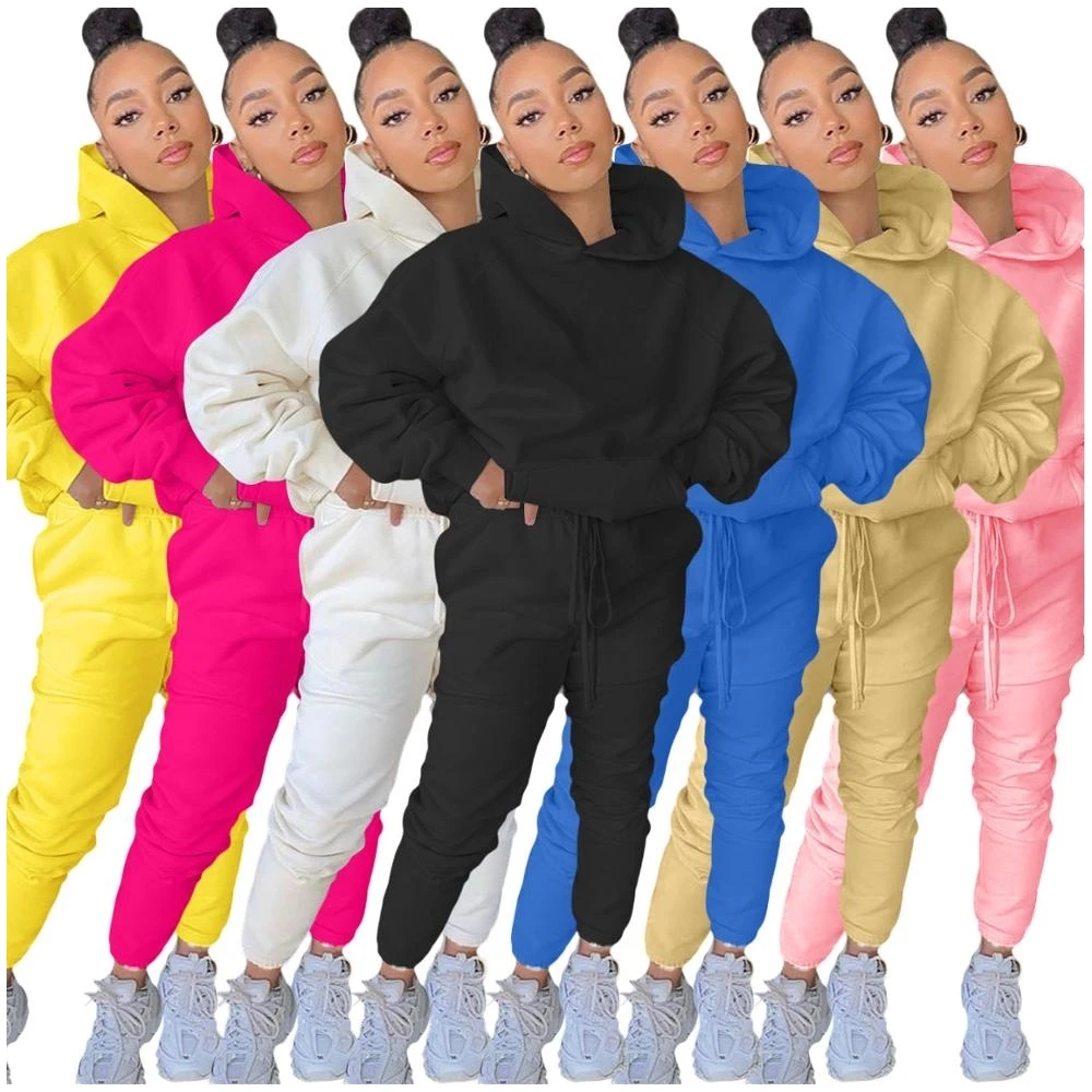 

Hot Winter Blank Cropped Hoodie Jogger Puff Sleeve Solid Colors Outfits Pullover Hoodie For Woman 2 Piece Tracksuit Set