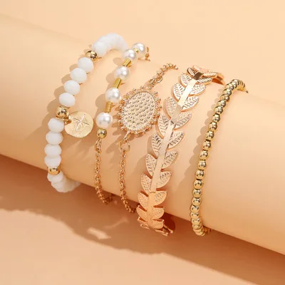 

Pearl Sunflower Leaf Round Carved Star Bracelet Five Pieces Set bangle for Women Jewelry, As picture