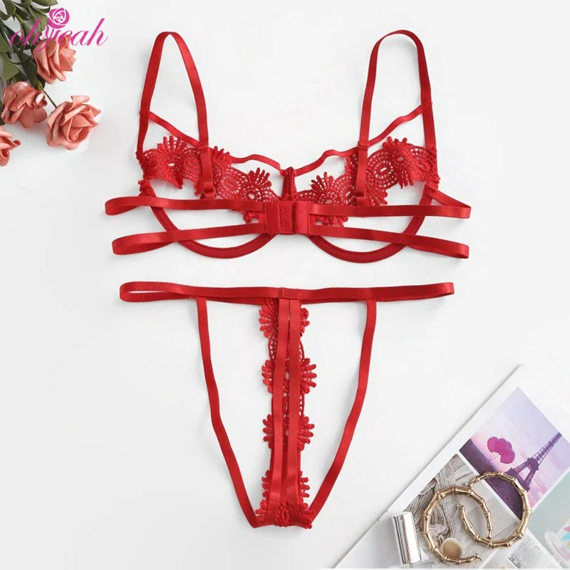 

OHYEAH appliques transparent hollow out embroidery women sexy two piece lingerie sets