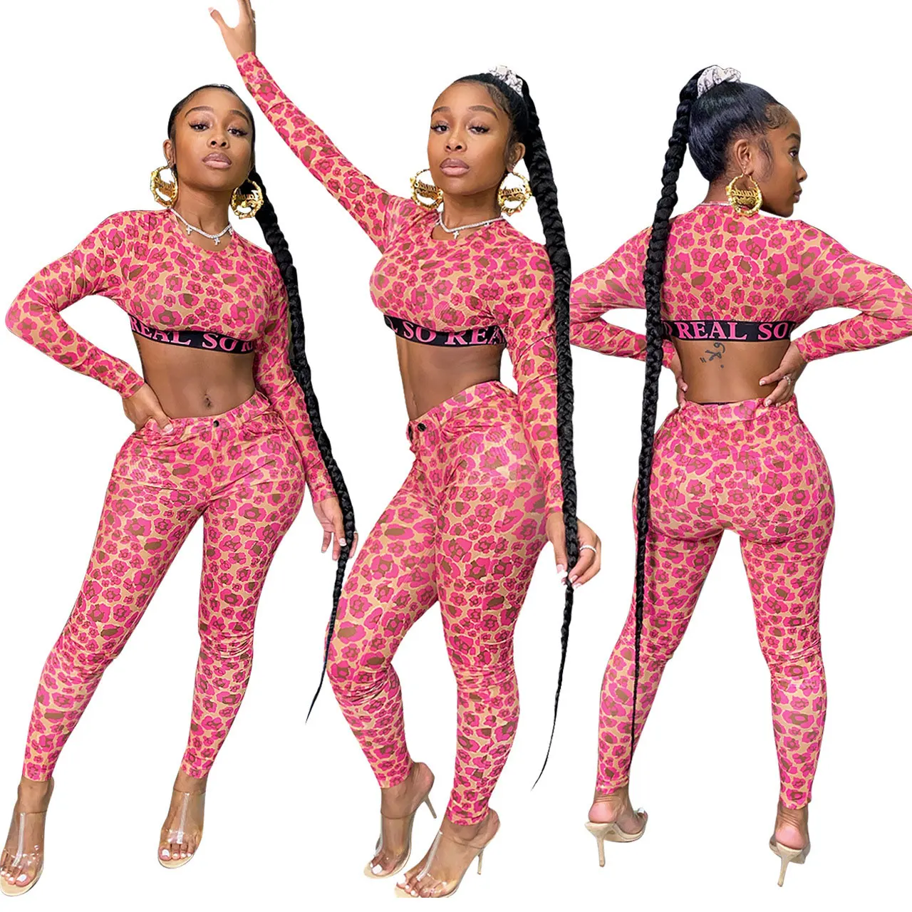 

21230-MX30 pencil leopard print two piece pants set jumpsuits women sehe fashion