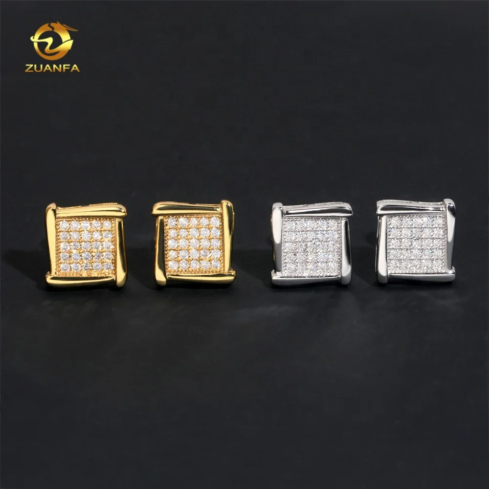 925 Silver Jewelry Square Stud Iced Out Hip Hop Diamond Moissanite Earrings for Men
