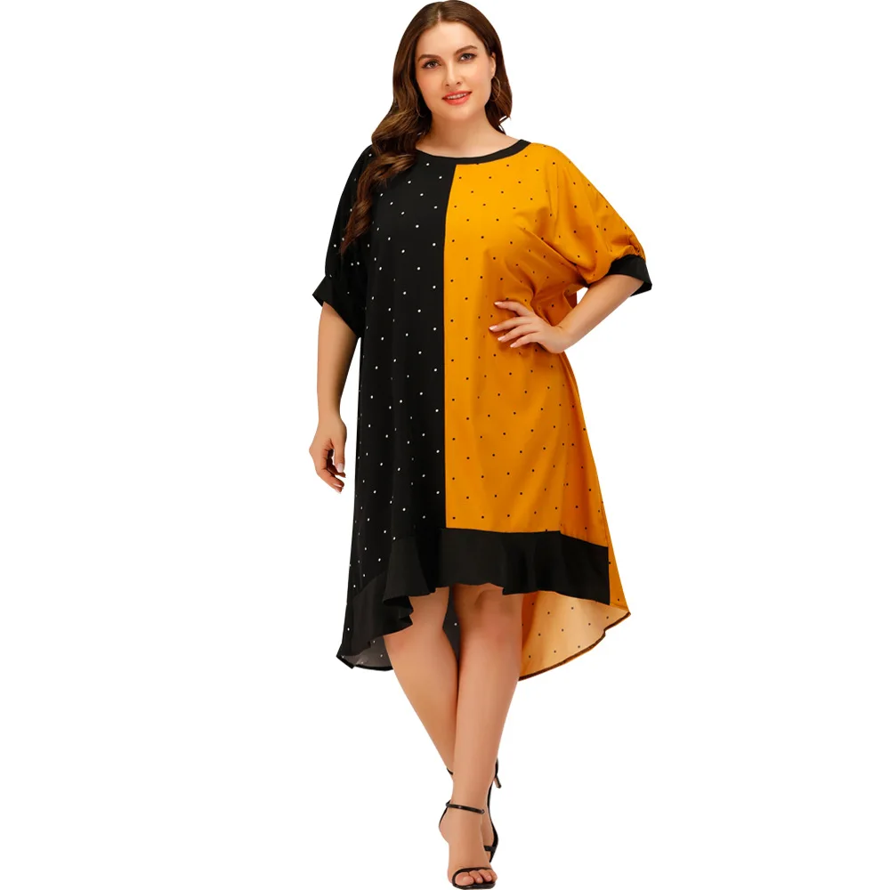 

LEX Plus size fat women clothing 2021 woman Fashion loose Contrast color dot Cover belly midi dress