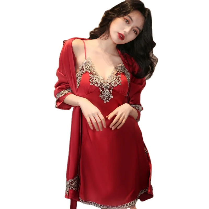 

Ladies Silk Satin Exquisite Luxury Embroidery Lace Night Dress Long Sleeve Sexy Robe Set Nightdress Nightgowns Sexy Nightwear