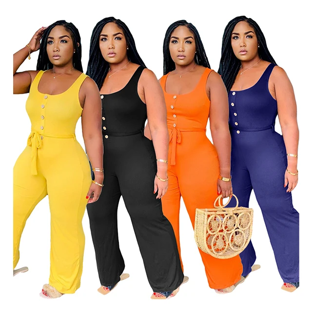 

GX6630 clothing vendors 2021 new arrivals summer work out apparel woman sleeveless solid wide-leg plus size jumpsuit romper, Picture