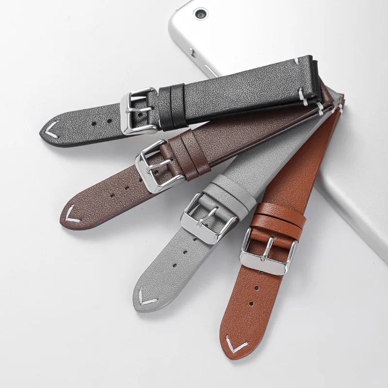

Factory Wholesale First Layer Cowhide Watch Band Soft and Comfortable Quick-release Switch Ear Watch Band Flat Stitch Pattern, Black brown green gray