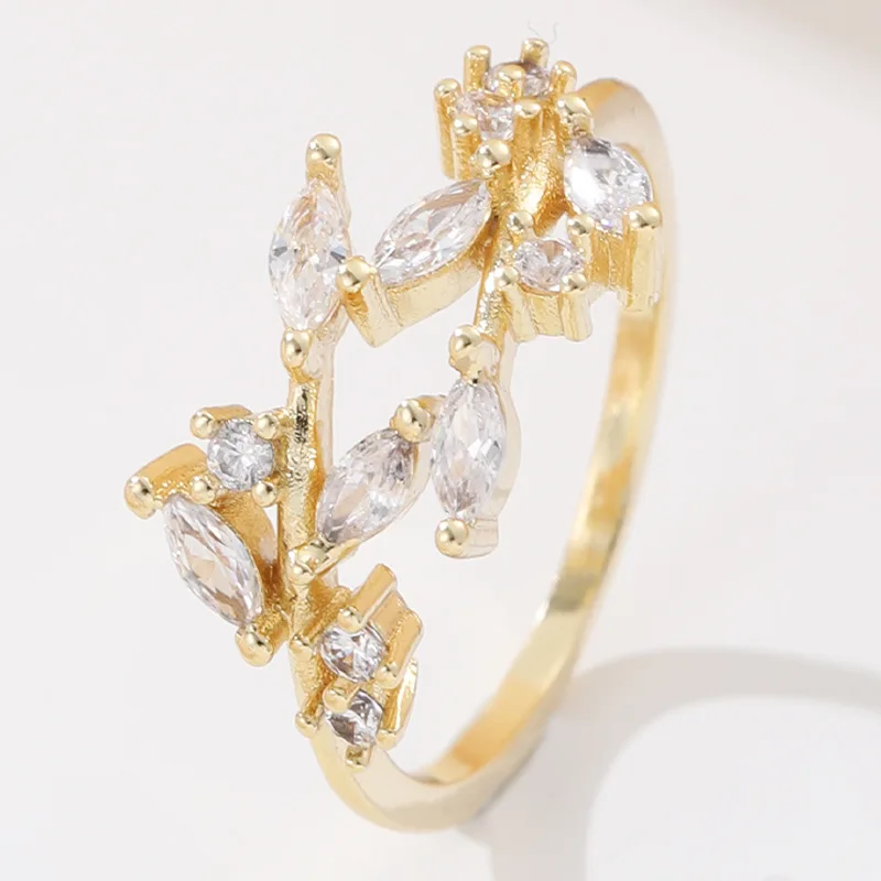 

New niche leaf zircon ring for women with copper plated genuine gold simple and fashionable open end ring
