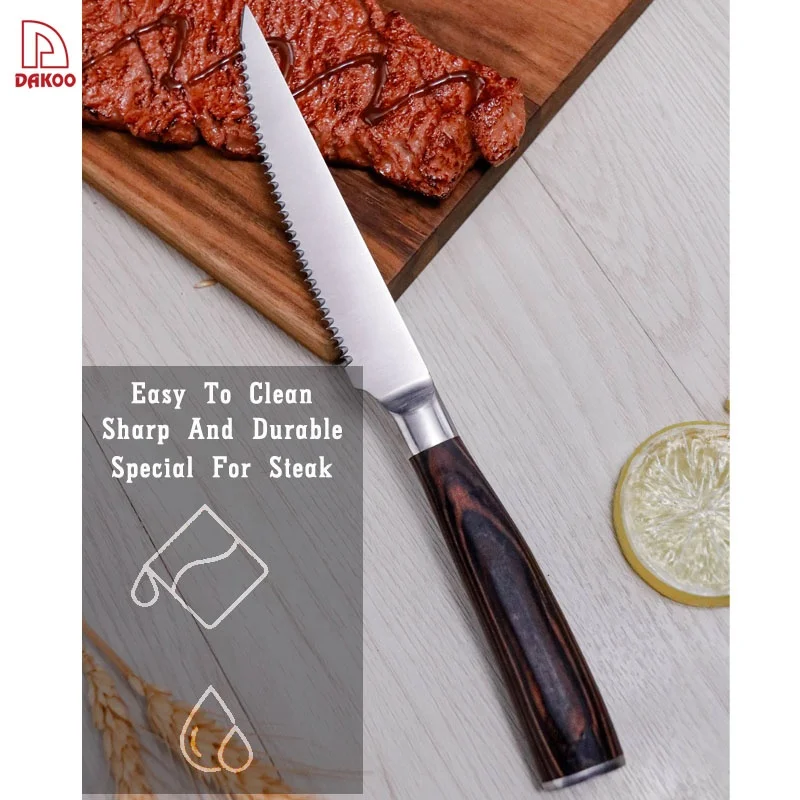 

Best Selling Amazon Product 6pcs Kitchen knives Pakka Wood Handle 3Cr13 Steak Knife Set with Wooden Block, Brown