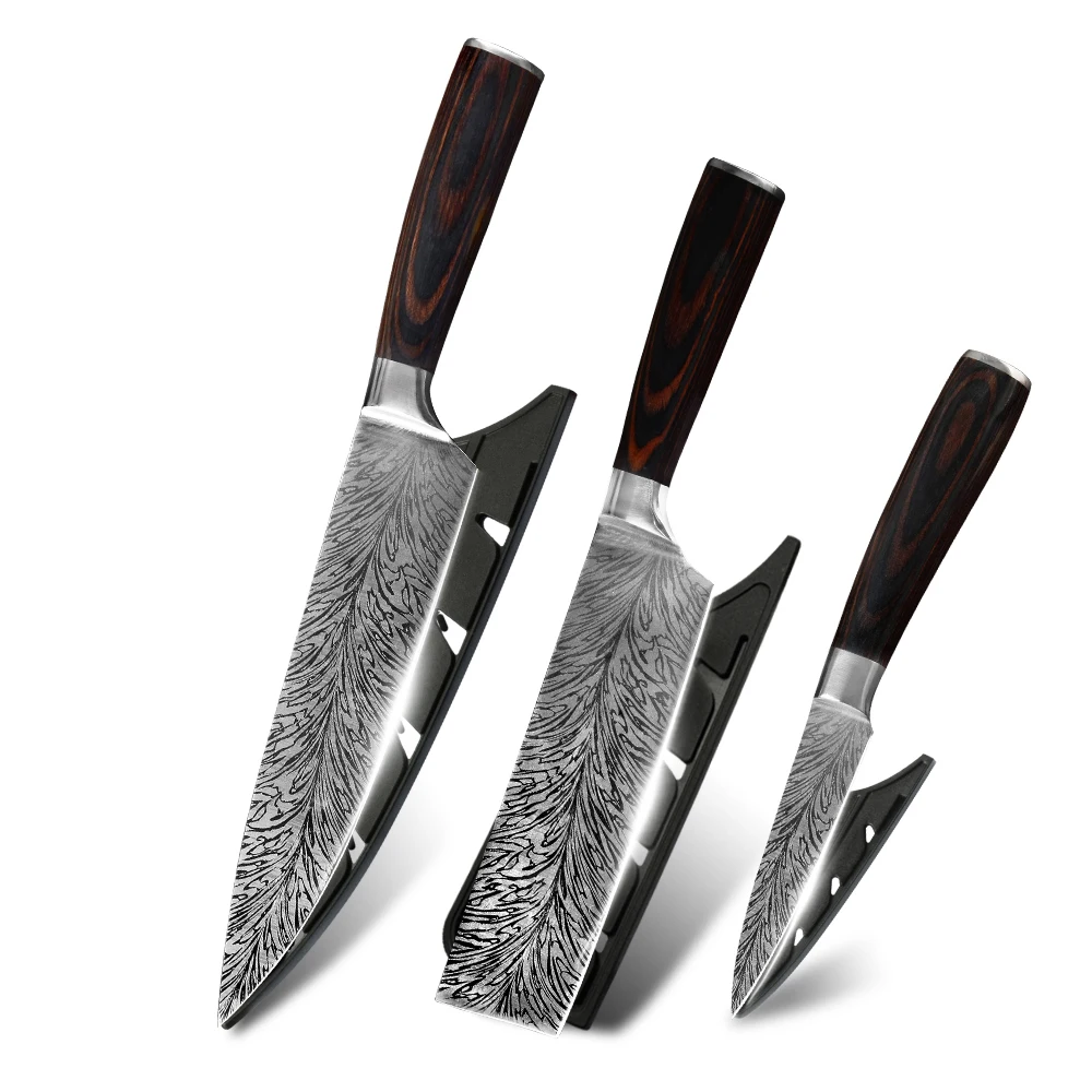 

Free Shipping wooden handle 7Cr17mov 3pcs nakiri chef peeling cooking knives top chef cleaver kitchen knife with sheath covers