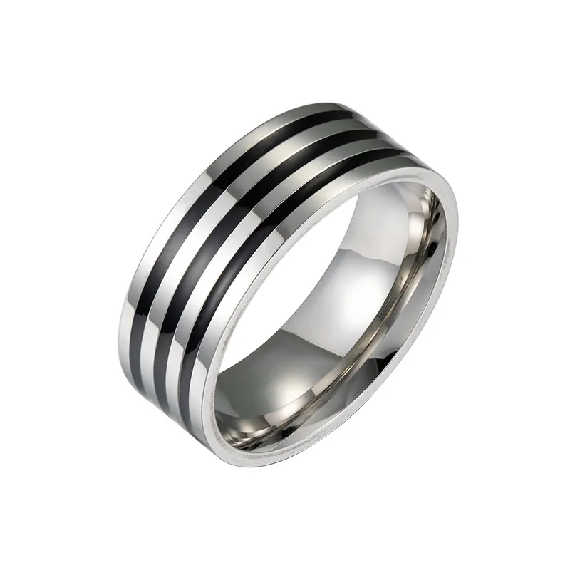 

Trendy Jewelry Simple Women Men Round Strips 8mm Wide Black Enamel lines Stainless Steel Cheap Finger Ring