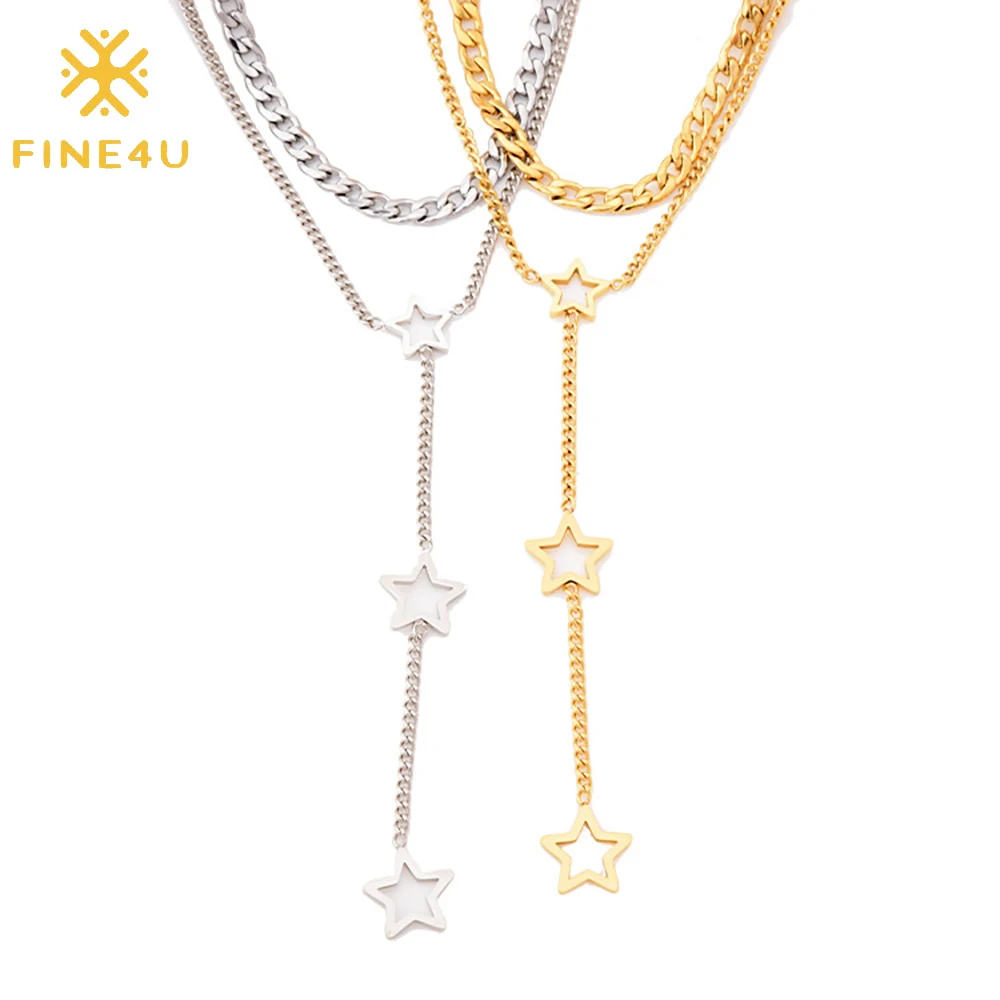 

Wholesale gold plated jewelry stainless steel curb chain star long necklace women fashion accessories, Gold/steel