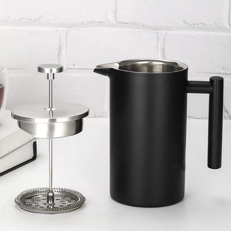 

Modern nordic portable travel mug tea maker plunger stainless steel tumbler french press with scoop, Black