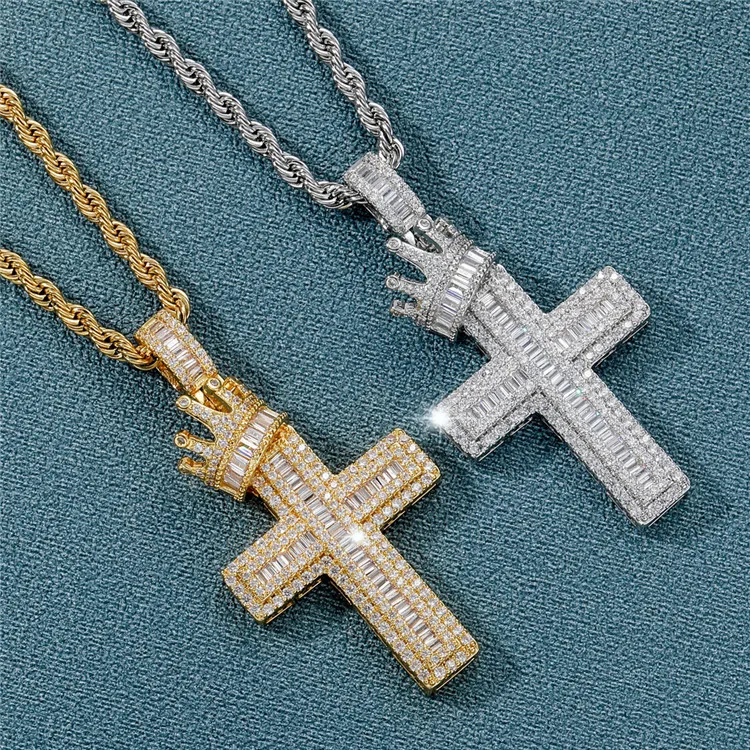 

Crown Cross Hip Hop Pendant Square Zircon Micro Inlaid Retro Male and Female Hip Hop Jewelry Cross Necklace, Picture shows