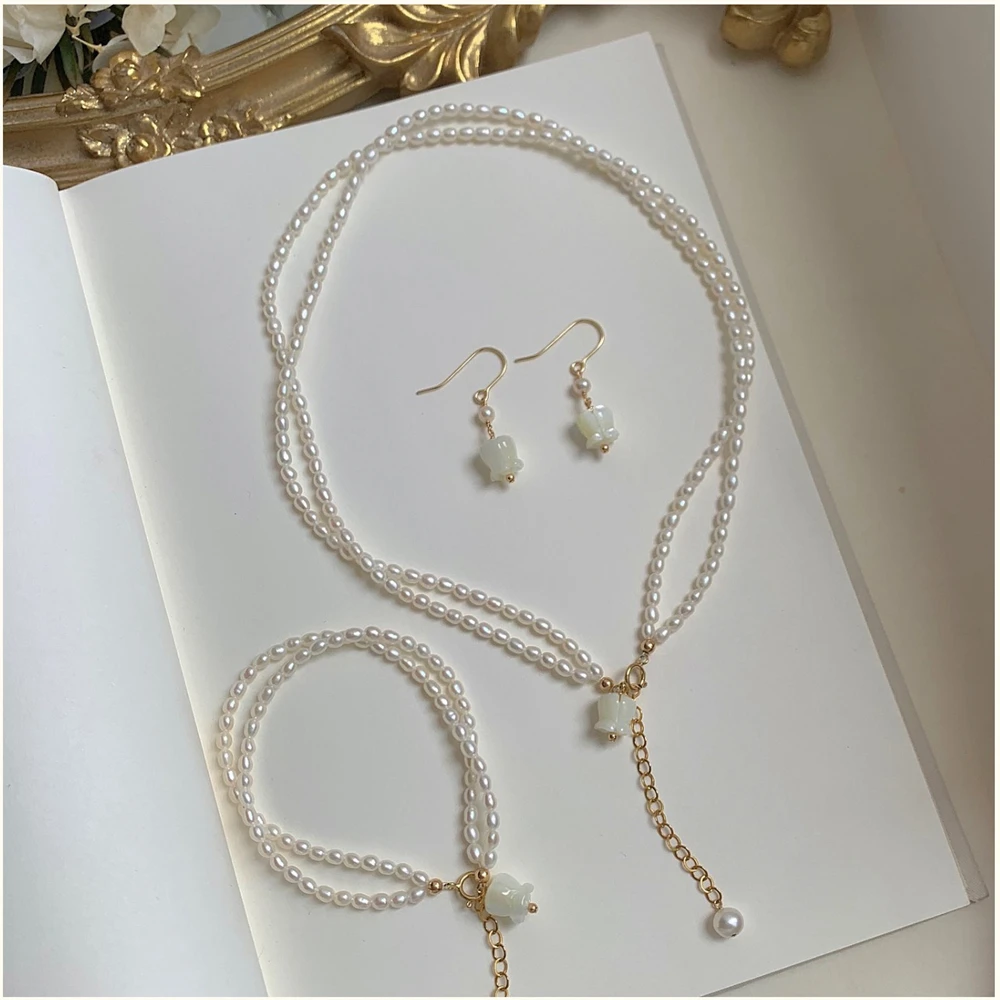 

New Fashion Natural Freshwater Pearl Necklace Bracelet Earring pearl set 14K gold Filled Millet Beads delicate and elegant Pearl, As shown