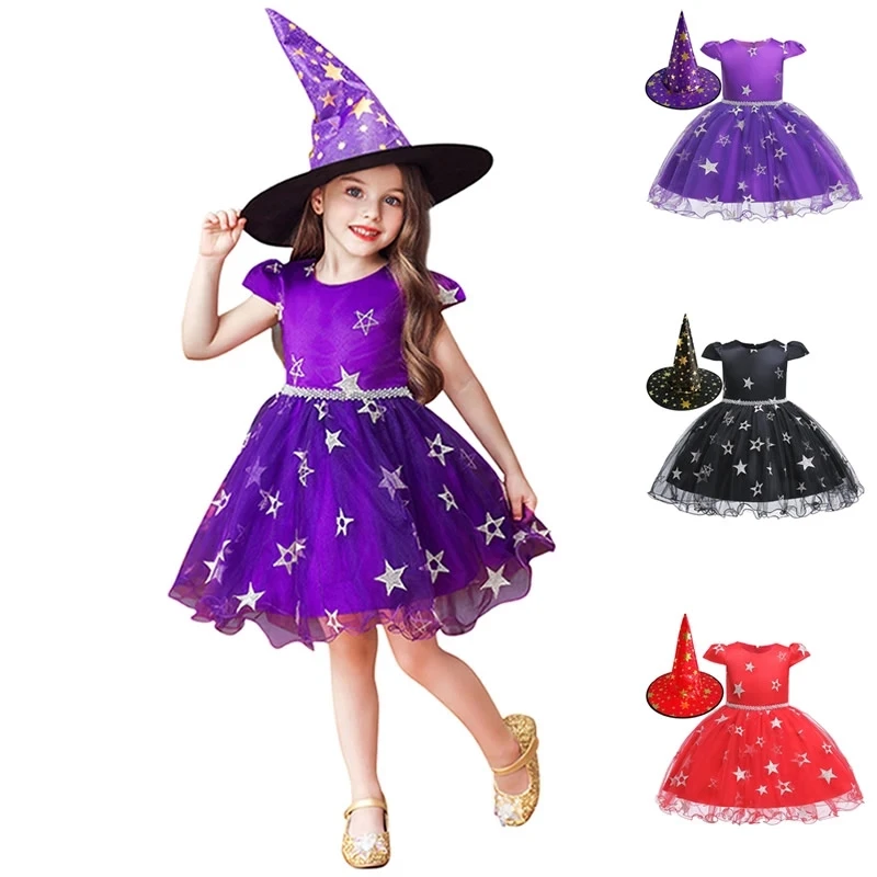 

Halloween Costumes For Girls Witch Makeup With Hat Kids Pentagram Star Embroidery Party Idea 2019 Horror Night doodle Ball Gown, As picture