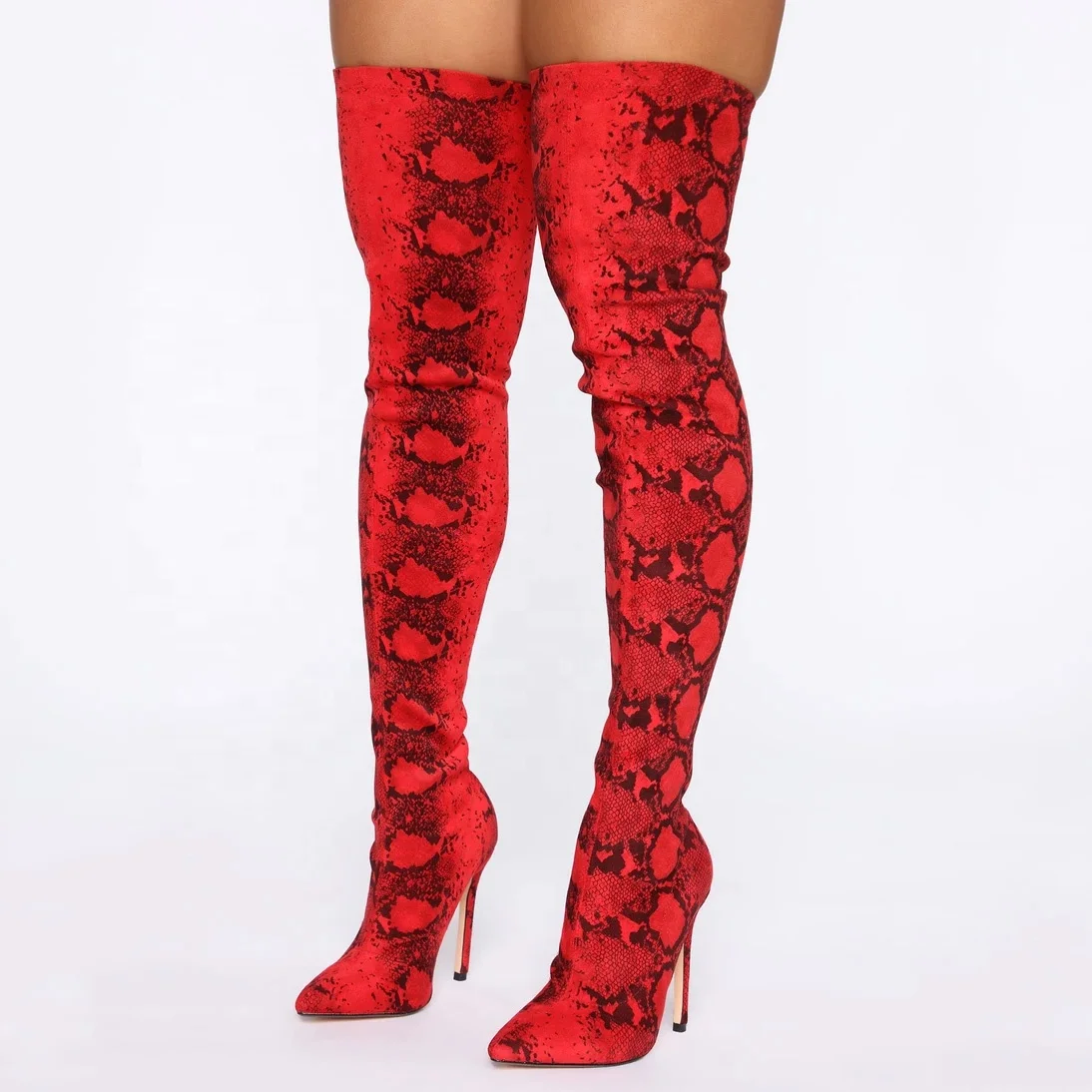 

Wholesale Snake Print Red Stretch Fabric Slip-on Women Over Knee High Boots Stiletto Ladies Pointed Toe Big Size 43 Long Booties