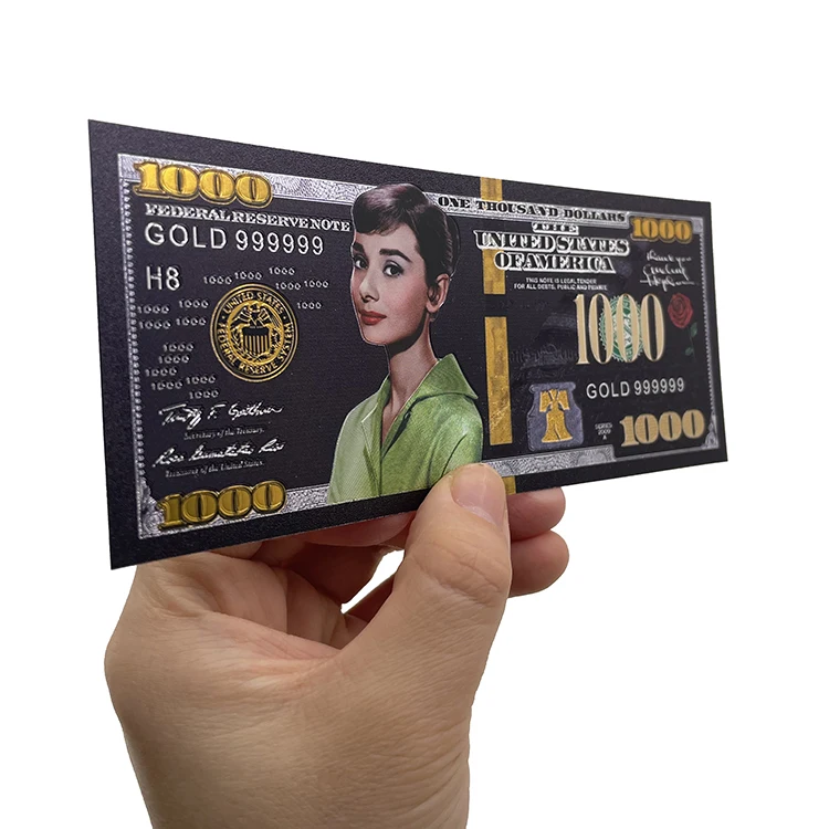 

Movie Star Lady Audrey Hepburn Commemorative 1000 Dollars Plastic Black Gold Plated Banknotes for Collection Gift