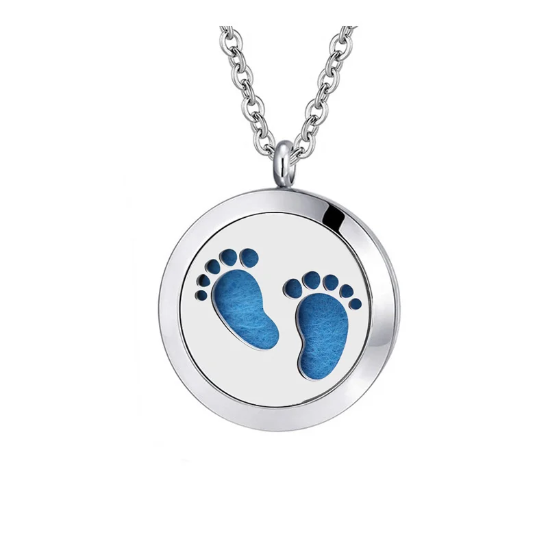 

Wholesale baby Footprint design aromatherapy necklace jewelry stainless steel essential oil diffuser necklace