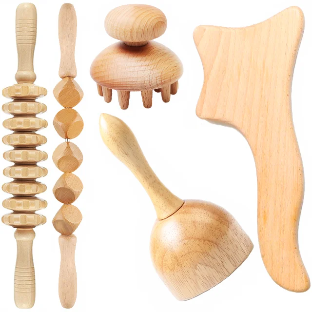 

5 PC Reducing Appearance Cellulite Gua sha Set Wooden Massage Roller Wood Therapy Tools For Body Shaping