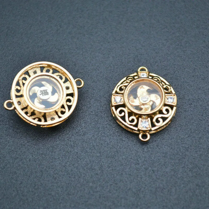 

Gold Plated CZ Beads Paved Metal Round Rotated Fengshui Wheel Inside Bracelet Charms Jewelry Findings