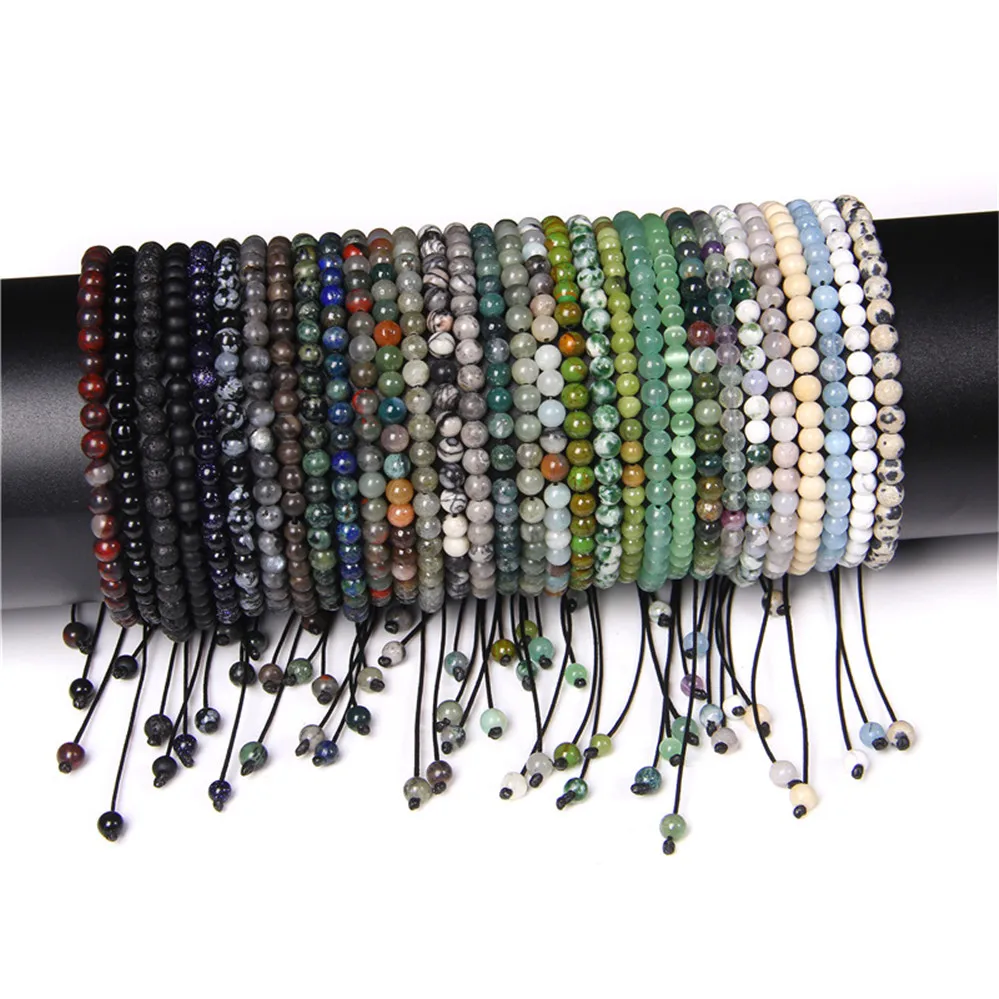 

Handmade Braided Rope Stack Stretch Adjustable Gemstone Crystal Natural Agate Onyx Stone 4mm Mini Bead Bracelet for Men Women