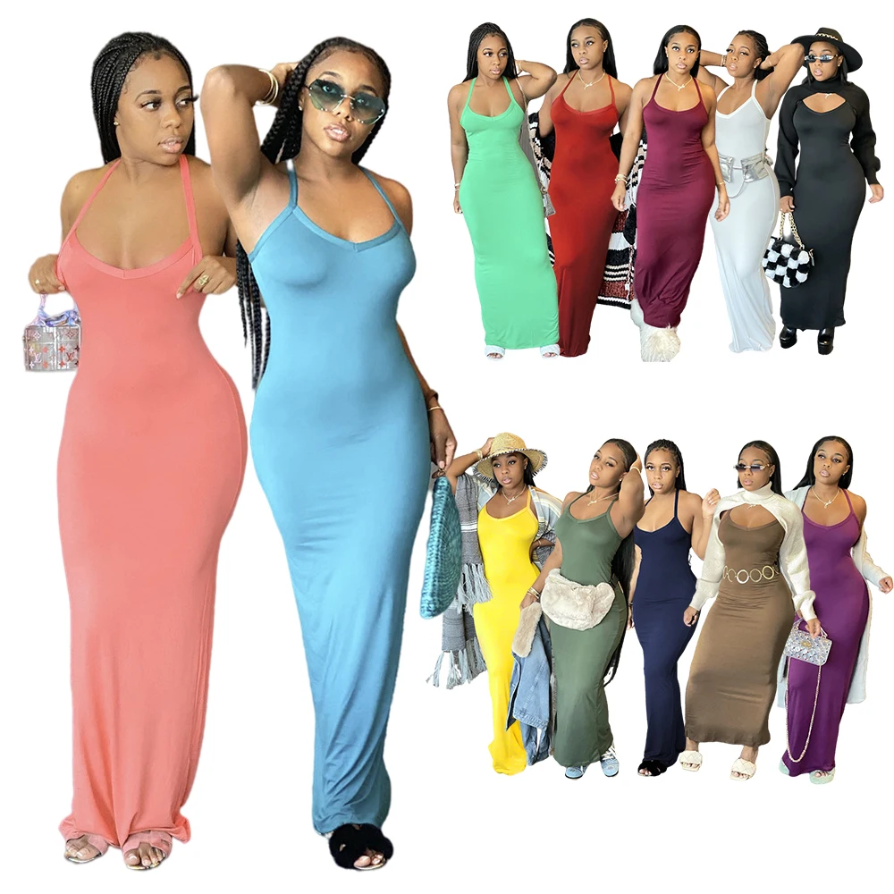 

Summer Dress 2022 Sleeveless Bodycon Spaghetti Strap Long Dresses Solid Color Fashion Beach Maxi Dresses Sundress
