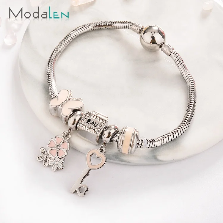 

Modalen Stainless Steel Snake Chain Flower Key Butterfly Enamel Charm Bracelet, Gold/sliver