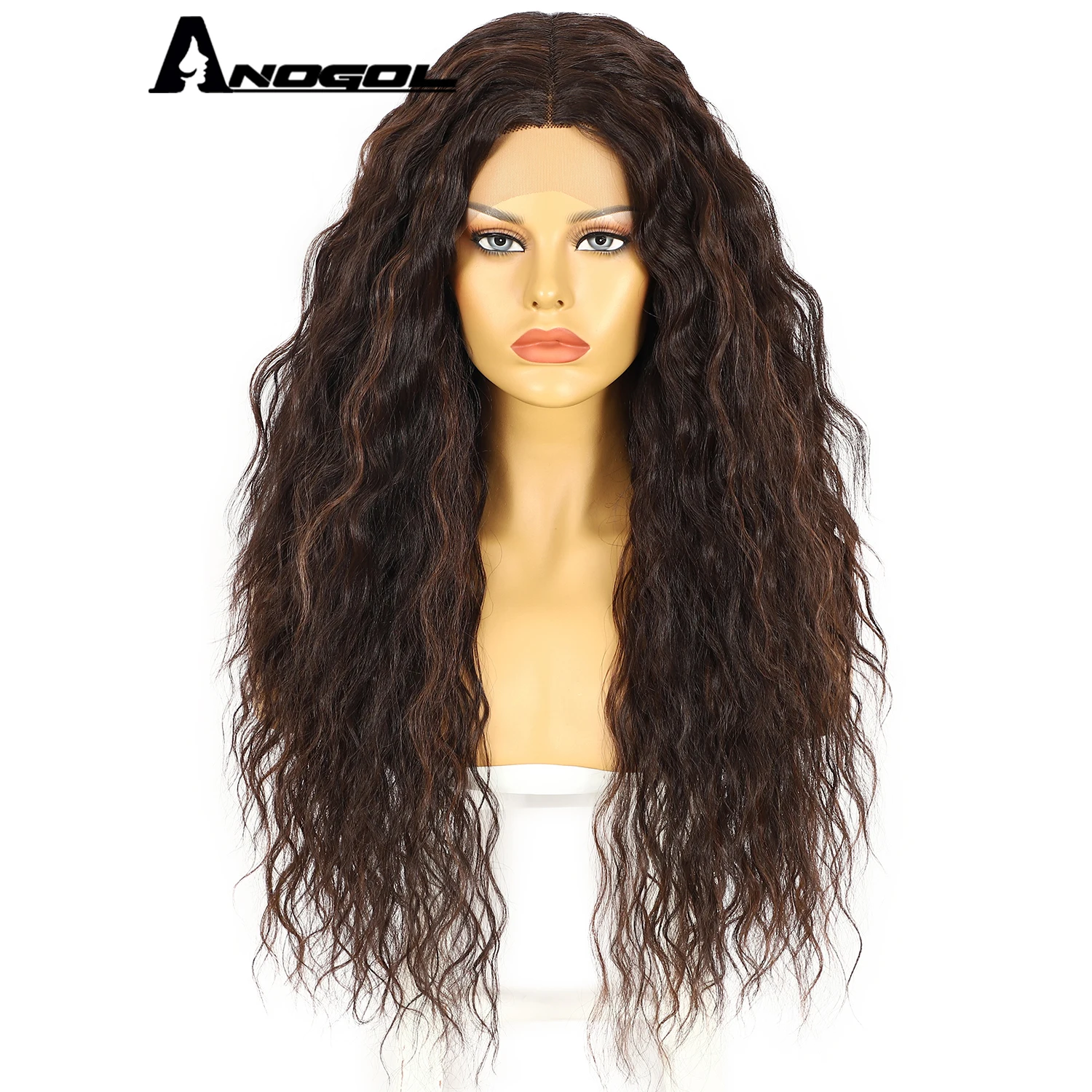 

Anogol Cheap Price 28 Inches 4/30# Dark Brown Natural Afro Kinky Curly Hair Futura Synthetic Lace Front Human Hair Blend Wig