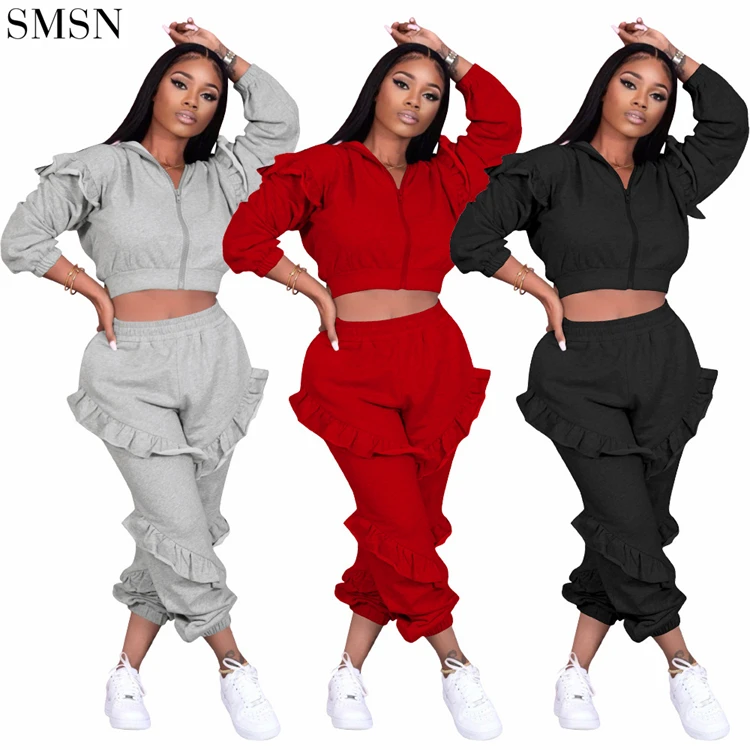 

Good Quality Elastic Waist Patchwork Ruffles Two Piece Set Tracksuits Crop Top Hoodie Set Fall Clothing For Women