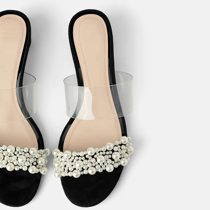 

Brand shoes women faux pearl decor clear strap open toe lady slippers cylinder heel female mules in black for summer wear