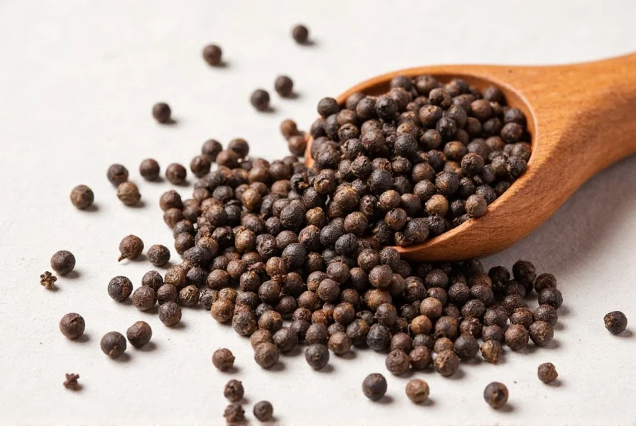 Close-up of black peppercorns next to a measuring spoon showing one teaspoon portion for nutritional analysis