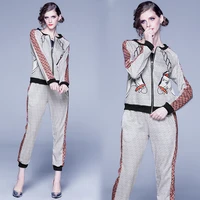 

In stock latest fashion trend casual printing long sleeve jacket with long pencil pants womens winter two piece sport sets