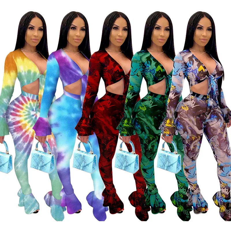 

Spring Fall Two Piece Sets For Women Tie Dye Print Long Sleeve Sexy Ruffle Ladies Clothing Nightclub Bandage 2 Piece Pants Set, Picture color