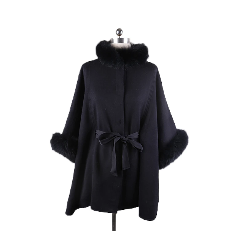 

wholesale Fashion design women wool coat with fur trim coat cape, Black