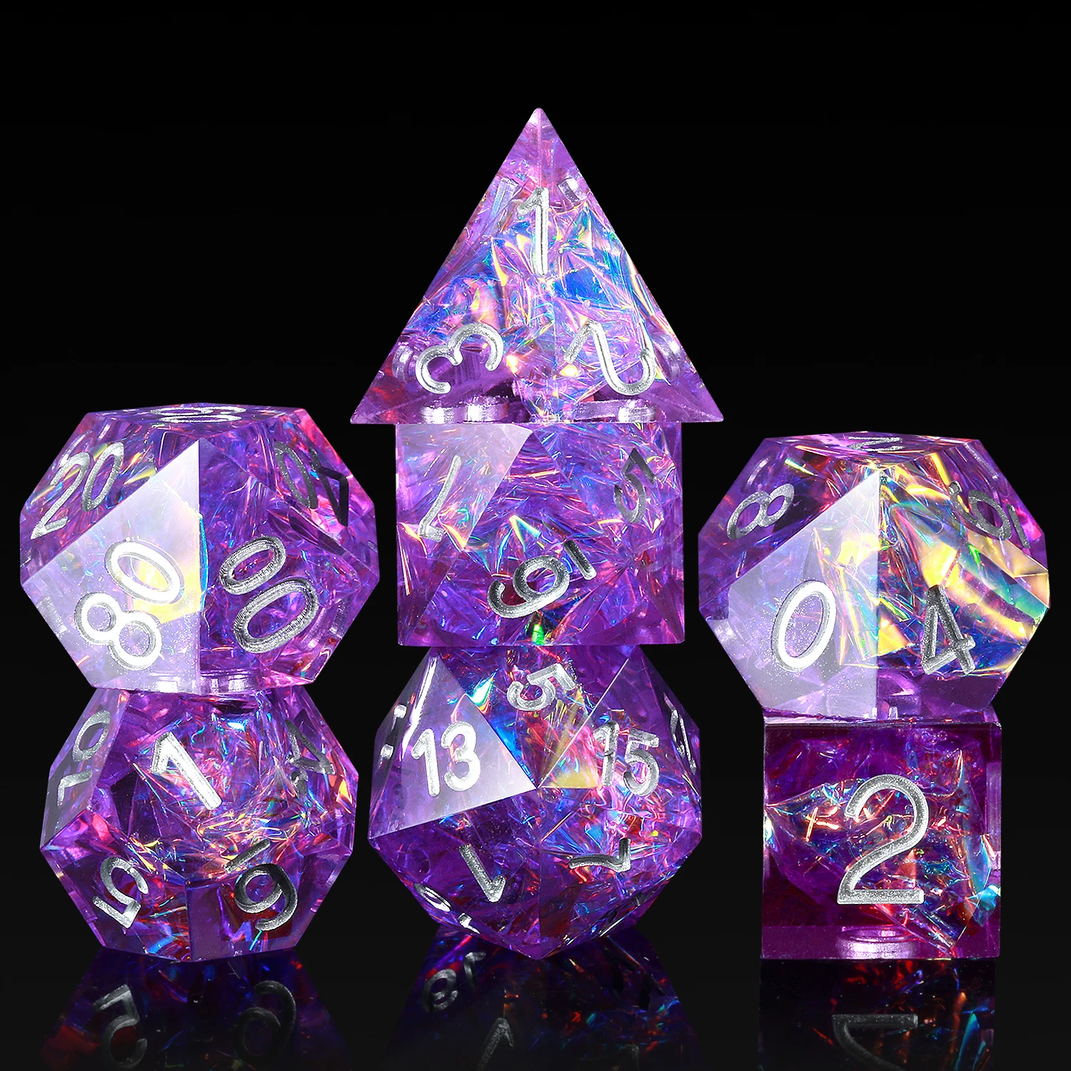 

Factory Wholesale Custom Resin Sharp Edge Dice Set 7 Die Polyhedral DND Dice Set for Role Playing Games Dice D&D Purple