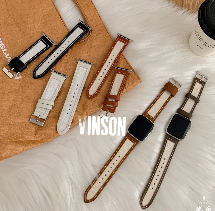

New Fashion Genuine Leather Canvas Watch Strap 44/40Mm For Apples Watch Series