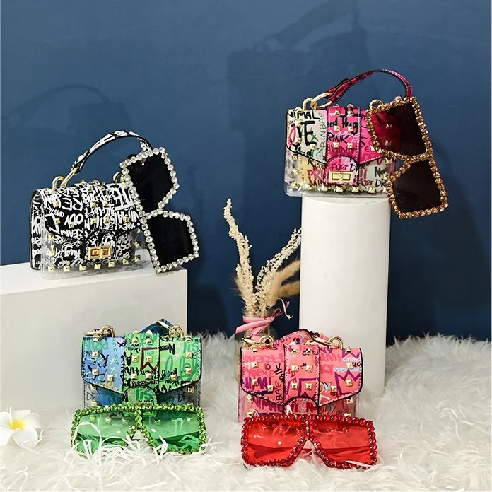 

New Wholesale girls transparent pvc purses and handbags new design women fashion luxury famous brands sunglasses and purses set, 9 color options