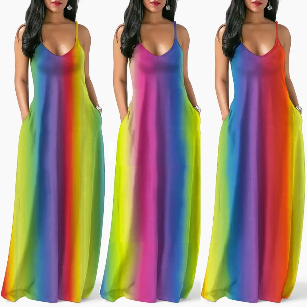 

Bohemian Style Fashion Rainbow Color Printed Sling Sexy Woman Maxi Casual Dress, As photo showed