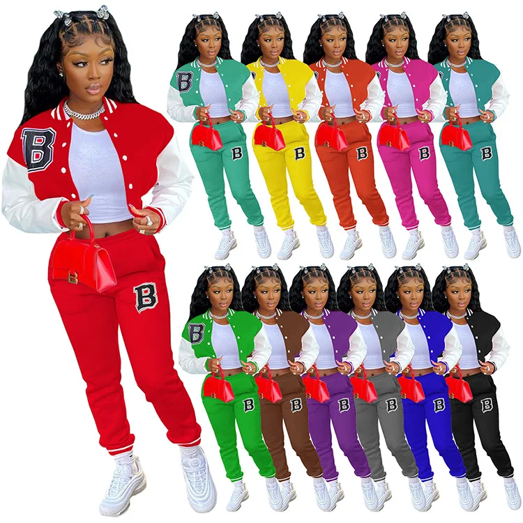 

2022 Spring Women Clothing Spring Outfits Women Baseball Letterman Women Varsity Jacket Joggers Pants Two Piece Pants Set