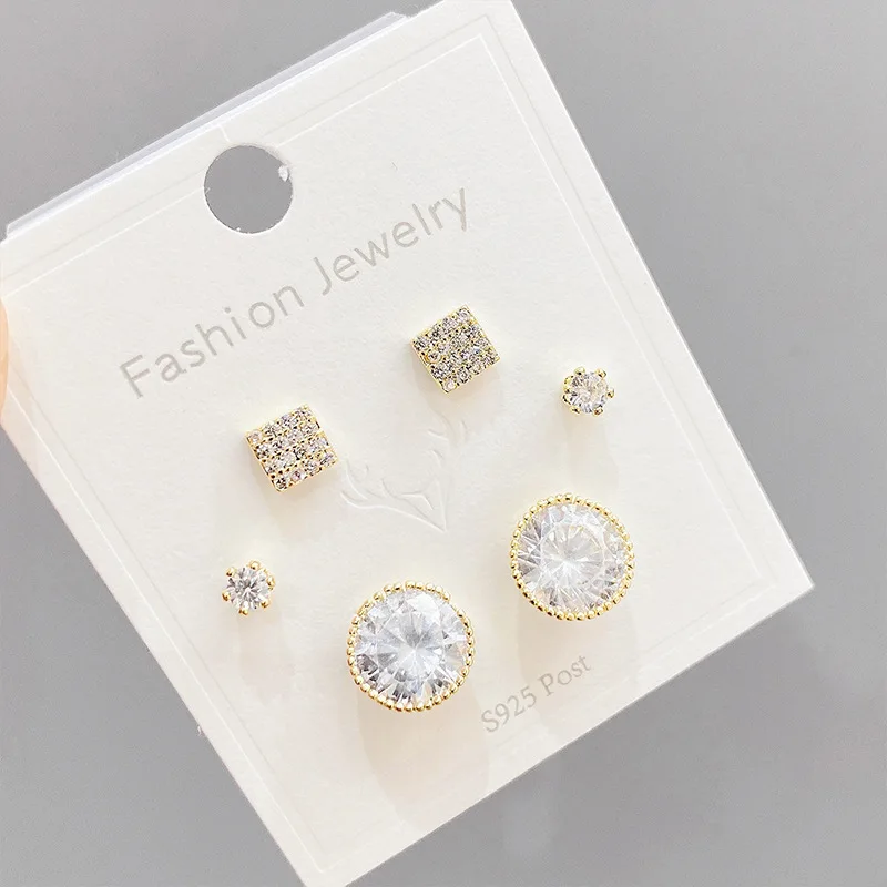 

HongTong Three-piece Stud Earrings With Zircon S925 Silver Needles Small Personality One Card Three Pairs Combination Earringse, Picture