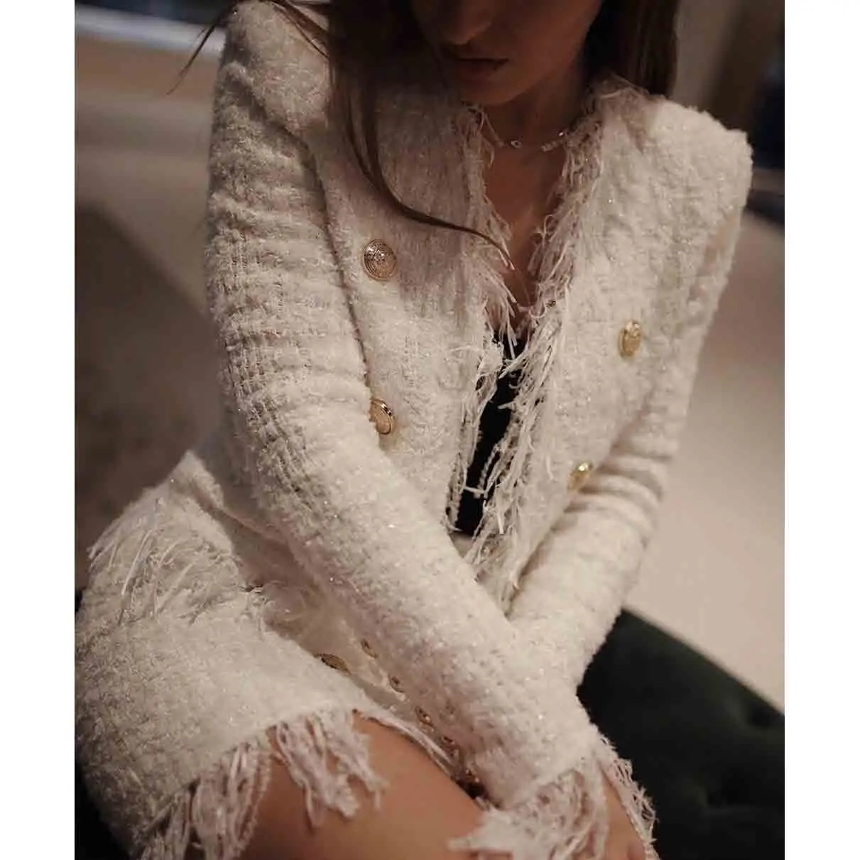 

A3223 White Jacquard Suit Set Women 2 Piece Set Clothing Lots Of Stock Wholesale Blazer Tassel Set