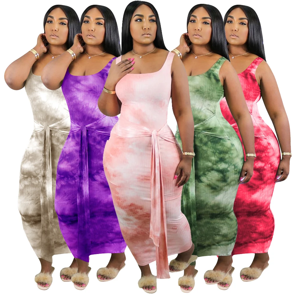 

Hot selling 2020 plus size long women tie dye dress casual ladies bodycon jumpsuit